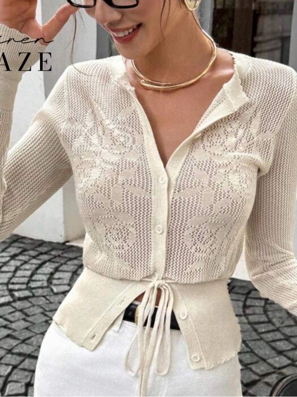 SHEIN Cream Knit Floral Tie-Waist Cardigan